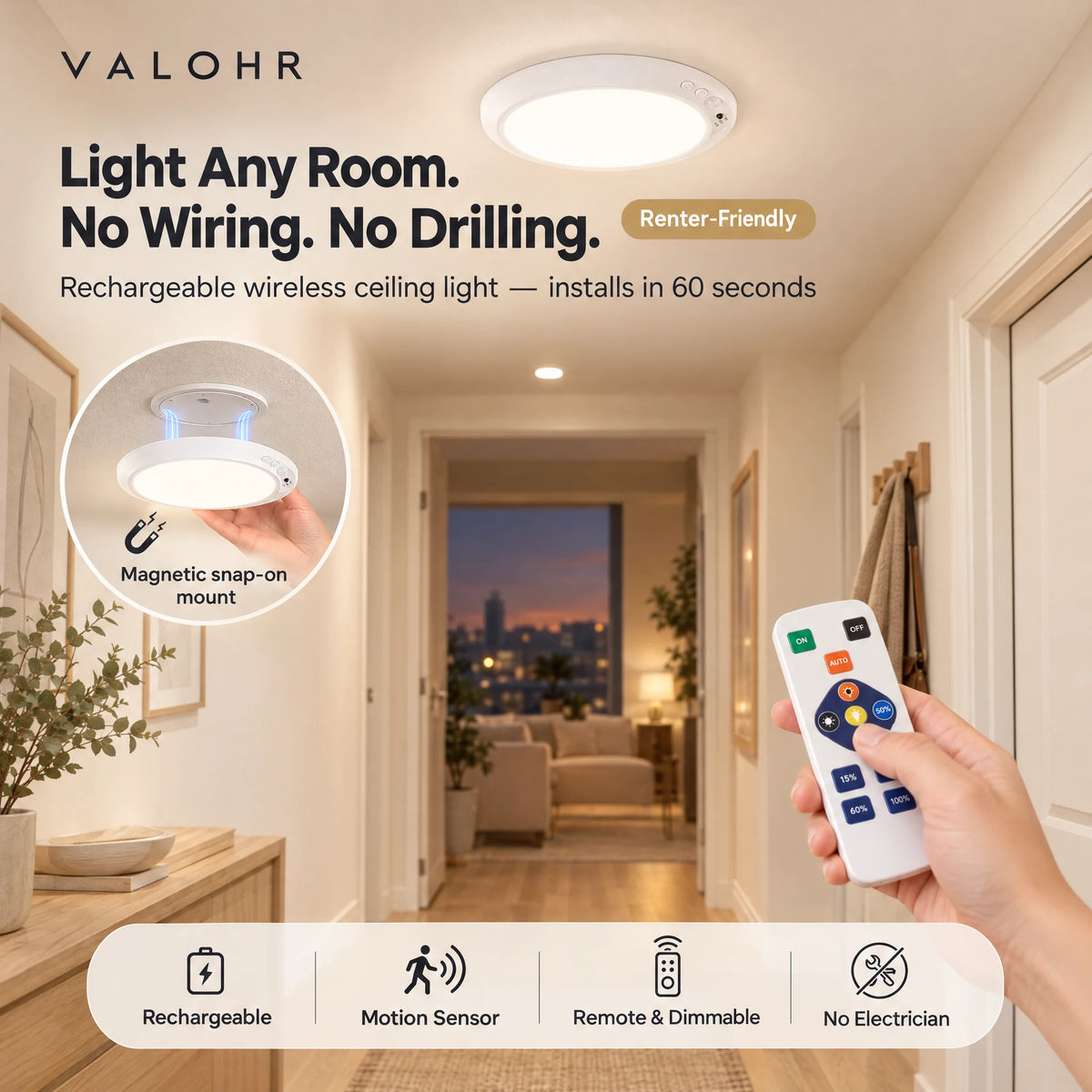 Valohr Lumet™ Magnetic Wireless Ceiling Light, Rechargeable, No Drilling