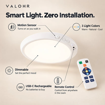 Valohr Lumet™ Magnetic Wireless Ceiling Light, Rechargeable, No Drilling